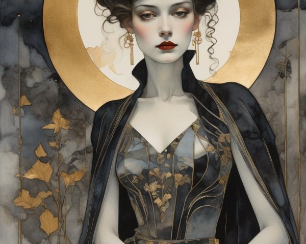 Portrait of a woman with a golden halo and dark hair