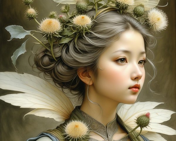 Serene Portrait of a Young Woman with Nature Elements