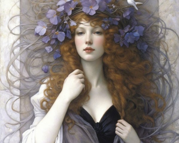 Portrait of a Woman with Chestnut Hair and Flowers