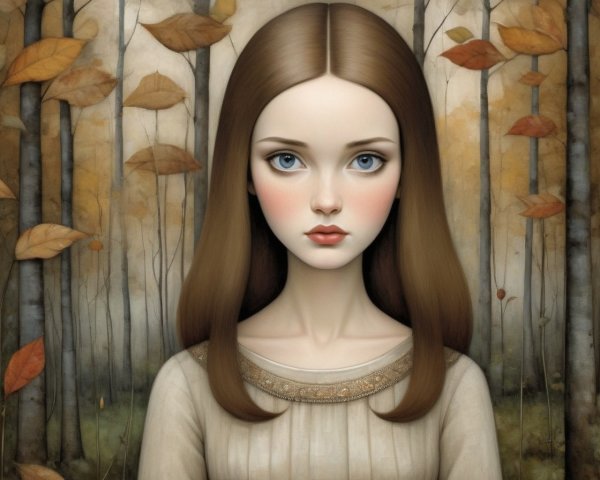 Young Woman in Cream Dress in Autumn Forest Setting