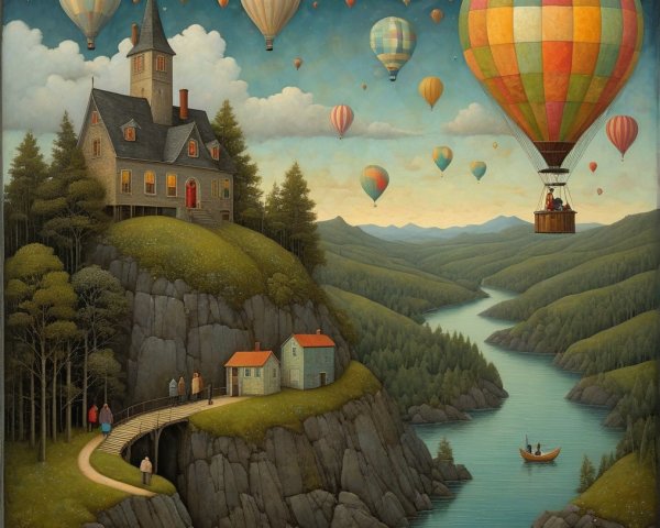 Whimsical Landscape with House and Hot Air Balloons
