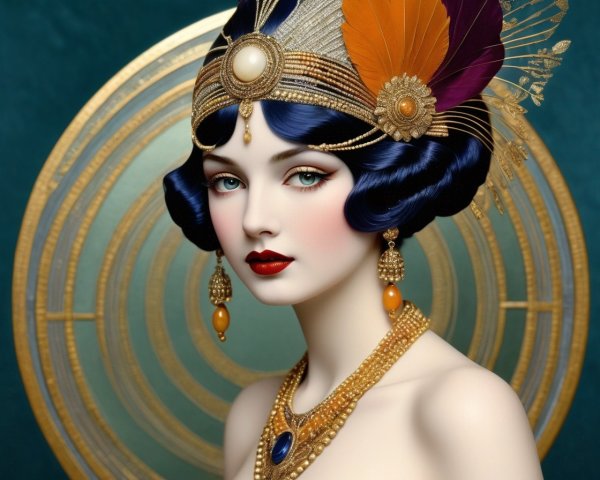 Digital artwork of a woman with blue hair and ornate headpiece
