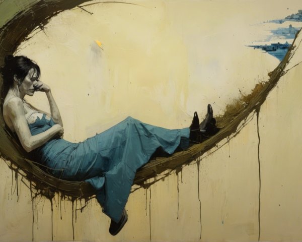 Contemplative Figure in Blue Dress with Abstract Background