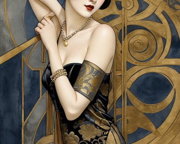 Glamorous Woman in Art Deco Black Gown and Jewelry