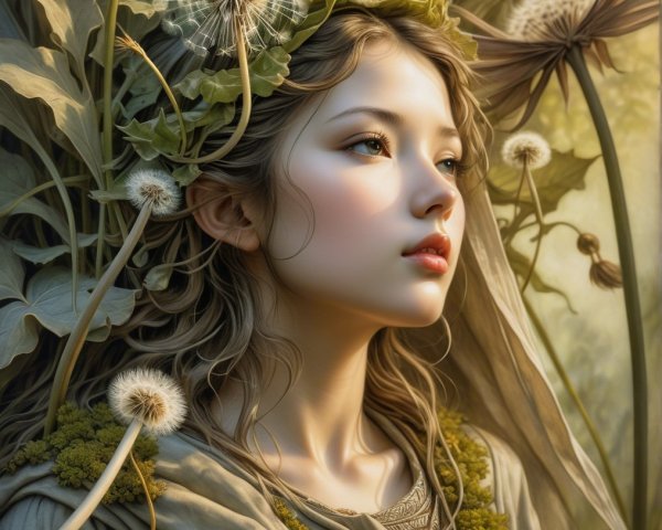 Portrait of a young woman with natural elements and foliage