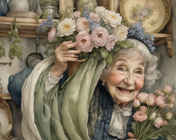 Elderly woman with flowers and vintage decor in warm colors