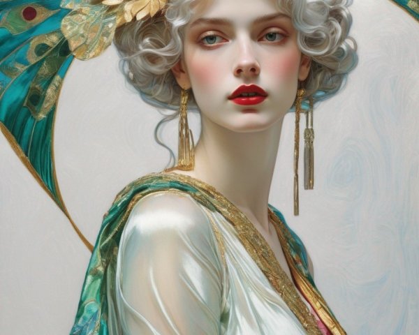Portrait of Woman with Wavy White Hair and Golden Dress