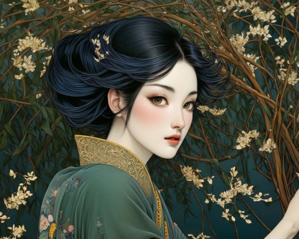 Serene Young Woman Framed by Branches and Blossoms