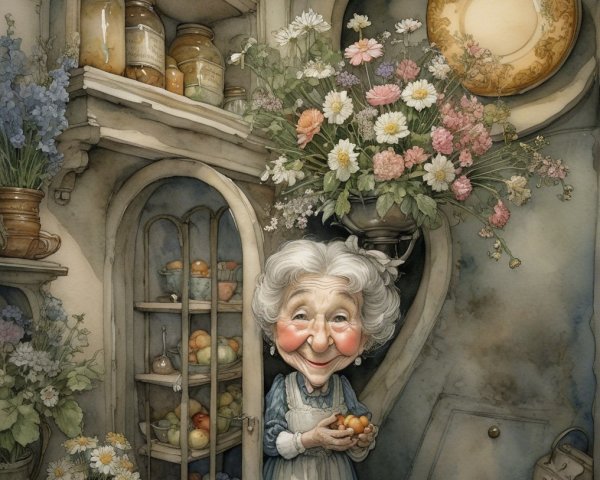 Whimsical Kitchen Scene with Elderly Woman and Oranges