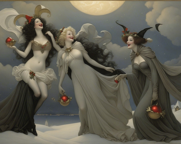 Enchanting Women in Elegant Gowns on Snowy Landscape