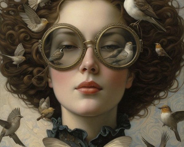 Young woman with curly hair and oversized glasses surrounded by birds and butterflies