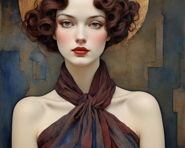 Woman with Halo and Bow Scarf Against Blue Background