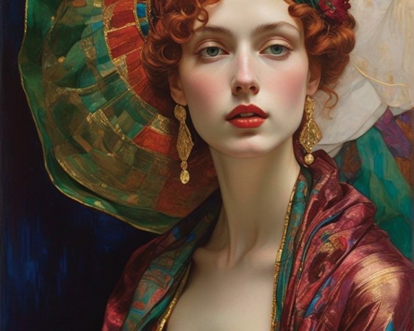 Vibrant portrait of woman with red hair and green eyes in colorful attire