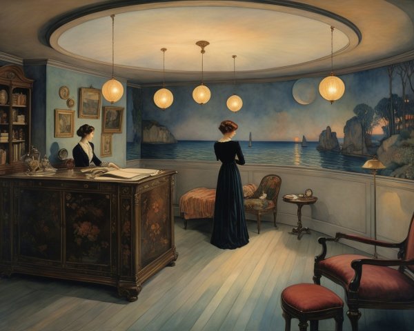 Elegant Room with Two Women and Coastal View