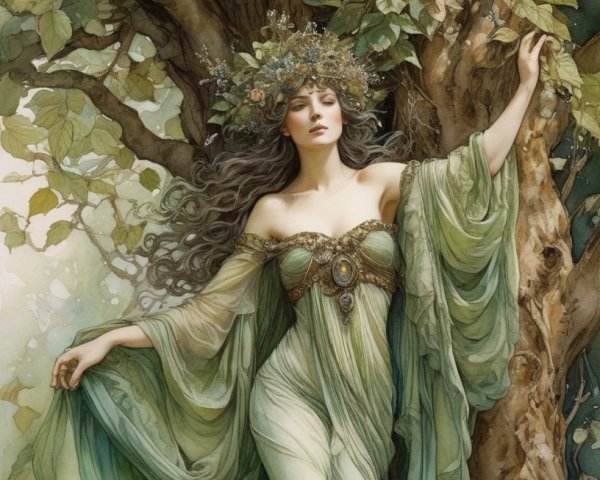 Woman in green gown merges with tree, embodying nature's enchantress.