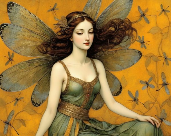 Mystical Fairy Illustration with Large Wings and Butterflies
