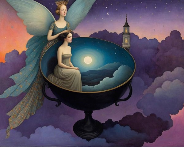 Surreal Twilight Scene with Ethereal Figure and Chalice