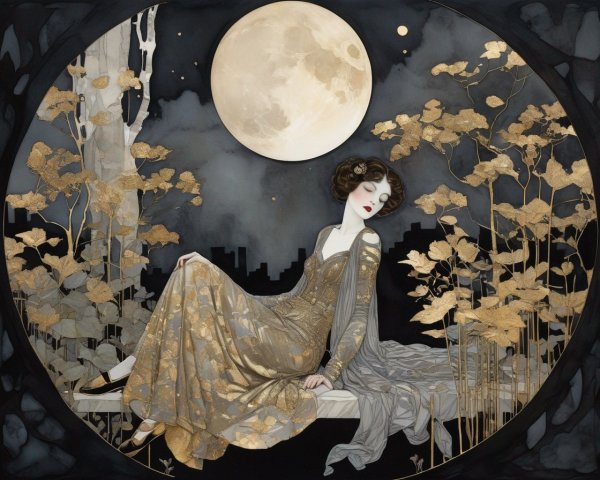 Illustration of a Woman in Gold Dress Under Moonlight