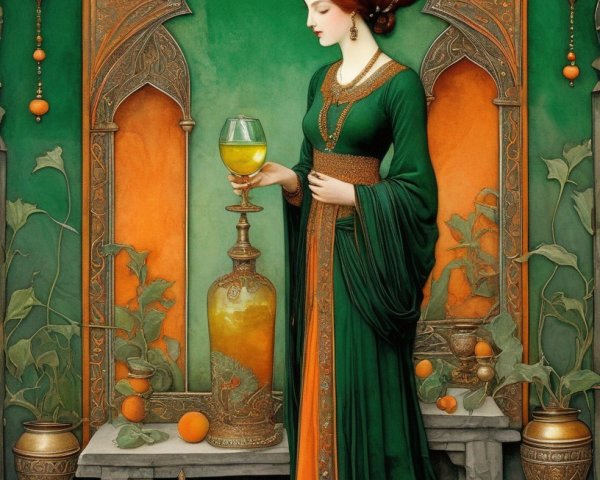 Woman in Green Dress with Chalice in Archway