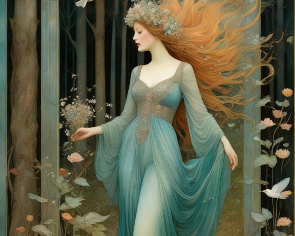 Ethereal Woman in Blue Gown in Enchanted Forest