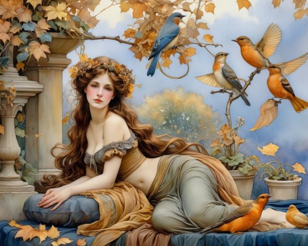Serene Woman Surrounded by Autumn Leaves and Birds