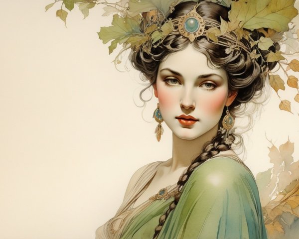 Illustrated Woman with Intricate Headpiece Surrounded by Autumn Leaves