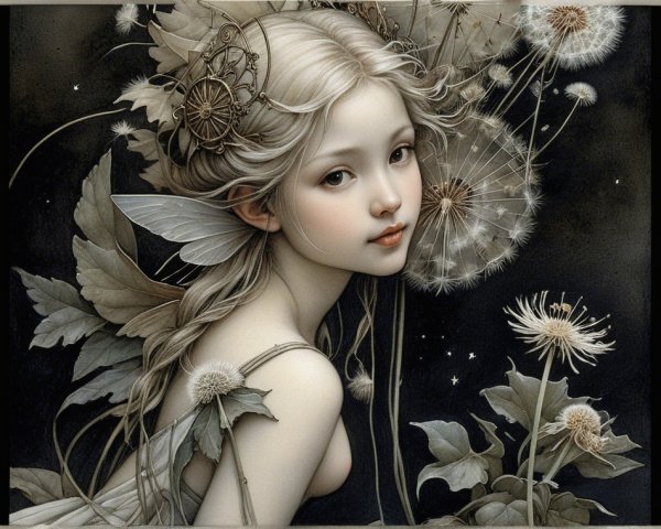 Ethereal Fairy Surrounded by Dandelions and Foliage