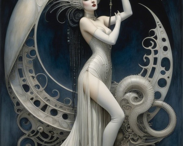 Elegant Figure in White Fabric Against Dark Backdrop