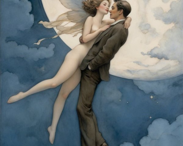 Romantic Scene with Couple and Fairy Under Moonlight