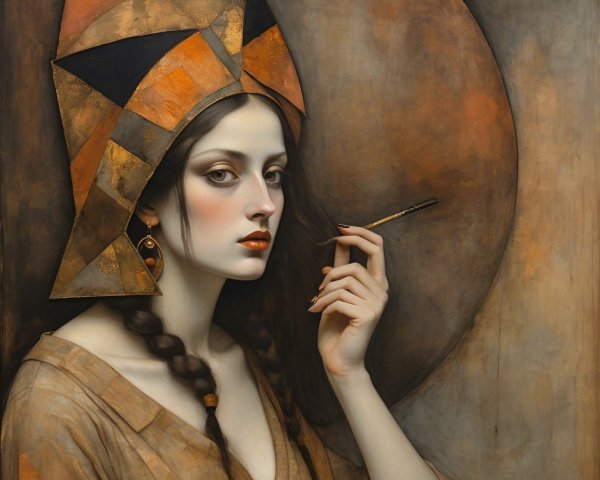 Stylized Portrait of a Woman with Geometric Headdress