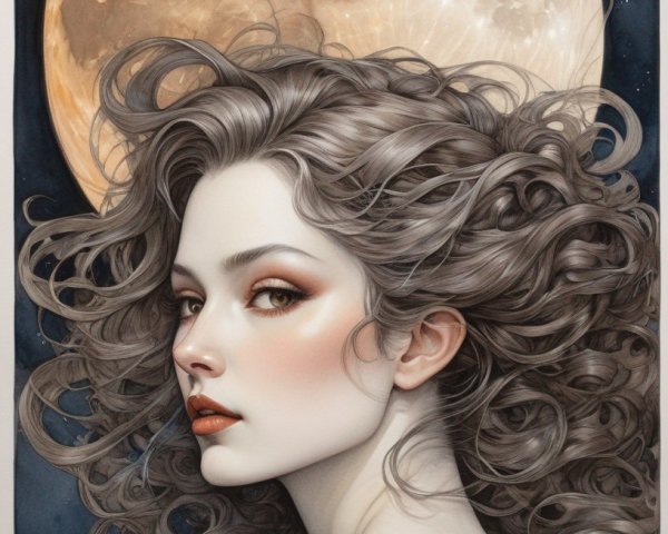 Illustrated Portrait of Woman with Curly Hair and Moon