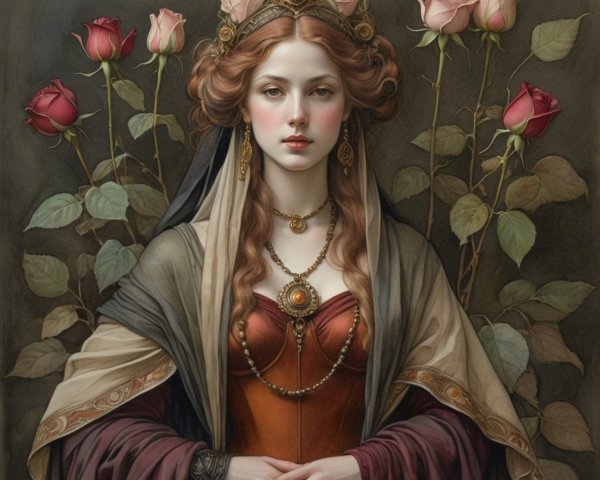 Regal Young Woman in Flowing Garments and Jewelry
