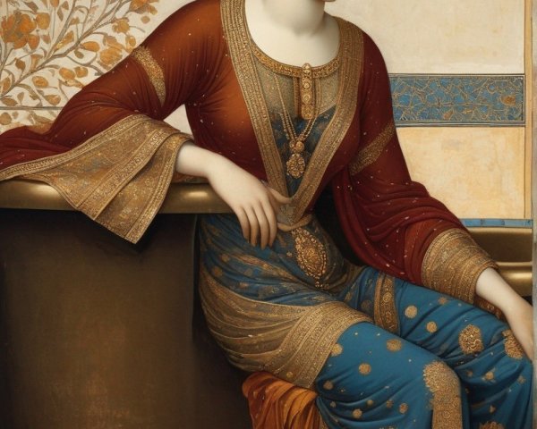 Elegant Woman in Ornate Dress by Decorative Basin