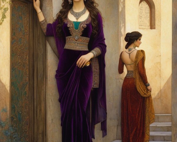 Digital Artwork of Women in Traditional Dresses in Courtyard