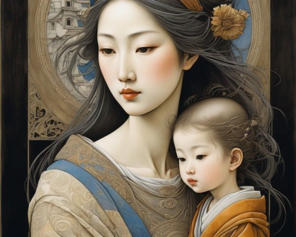 Painting of a woman with child and classical architecture