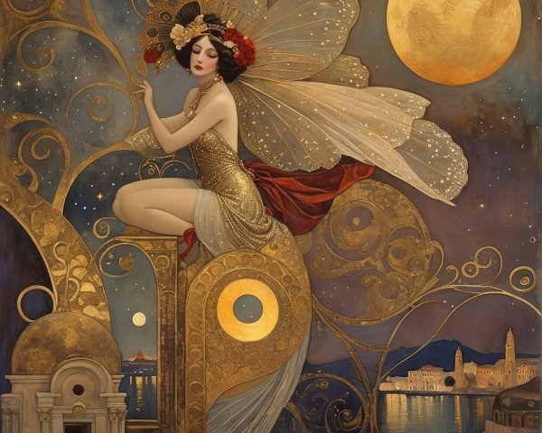 Whimsical Fairy on Ornate Designs Under Moonlight