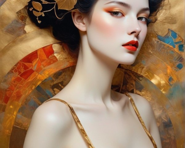 Striking blue-haired woman in golden attire on mosaic background