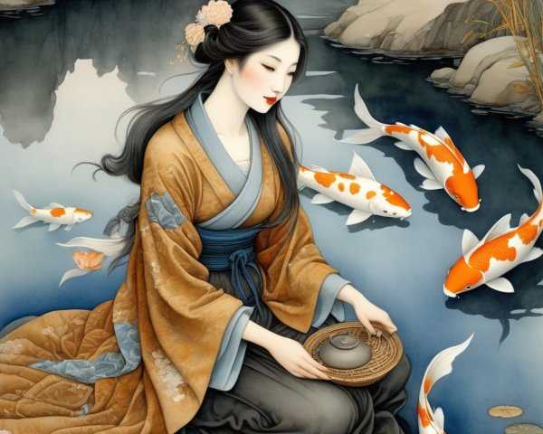 Elegant Woman in Traditional Attire by Koi Pond