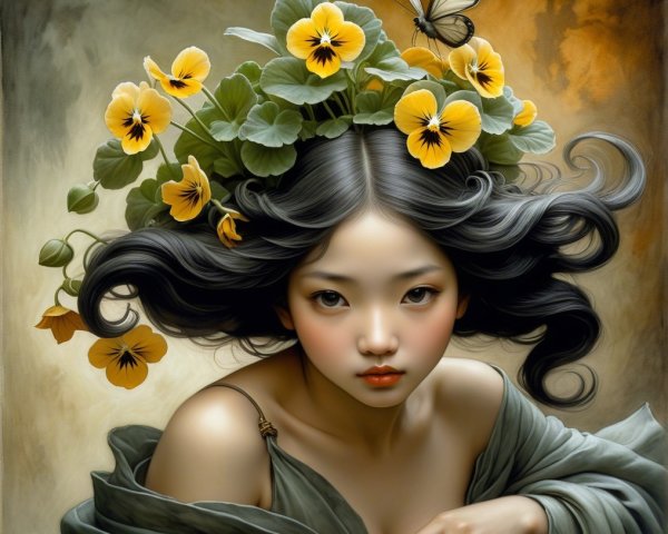 Ethereal Girl with Black Hair and Floral Accents