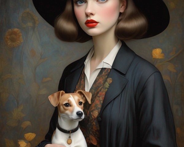 Vintage Style Woman with Dog in Floral Setting