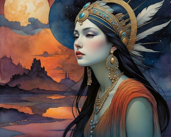 Serene Woman in Golden Crown Against Twilight Sky