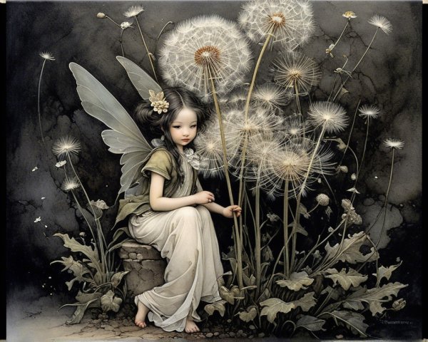 Whimsical Fairy Surrounded by Giant Dandelions
