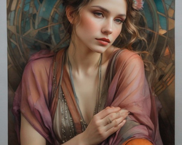 Portrait of a woman in a purple shawl with a braid