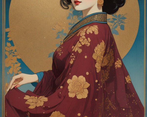 Serene portrait of a woman in red floral kimono