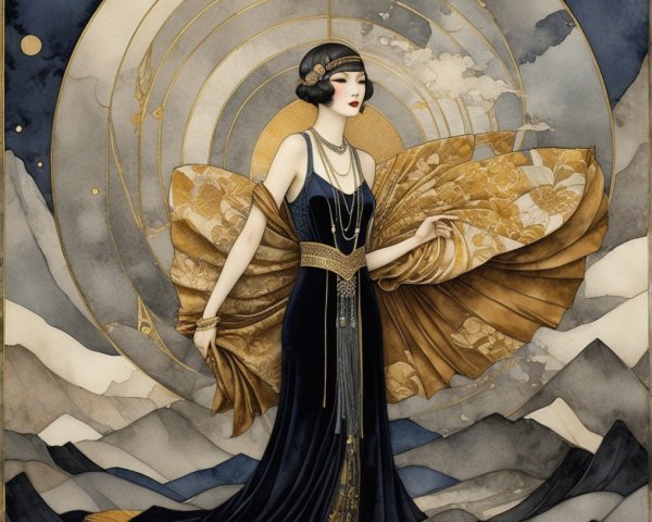 Elegant Woman in Dark Blue Gown with Gold Patterns
