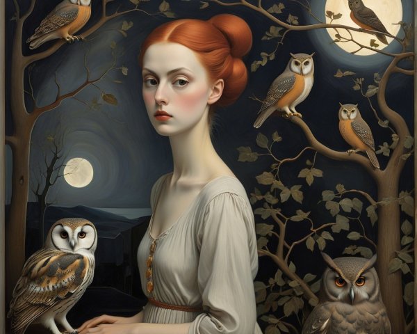 Serene Young Woman in Moonlit Nature Scene