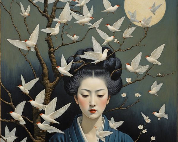 Serene Woman in Traditional Attire Among Cherry Blossoms