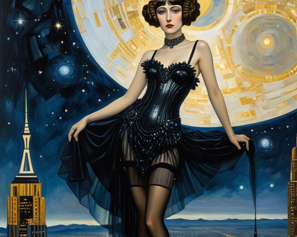 Glamorous Woman in Black Corset Against Cosmic Skyline
