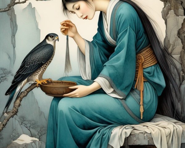 Elegant Woman Feeding Hawk in Misty Mountains