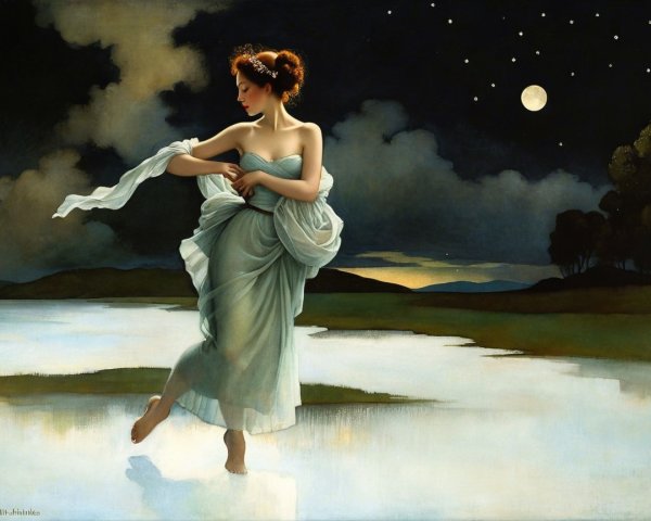 Graceful Figure in Serene Moonlit Landscape